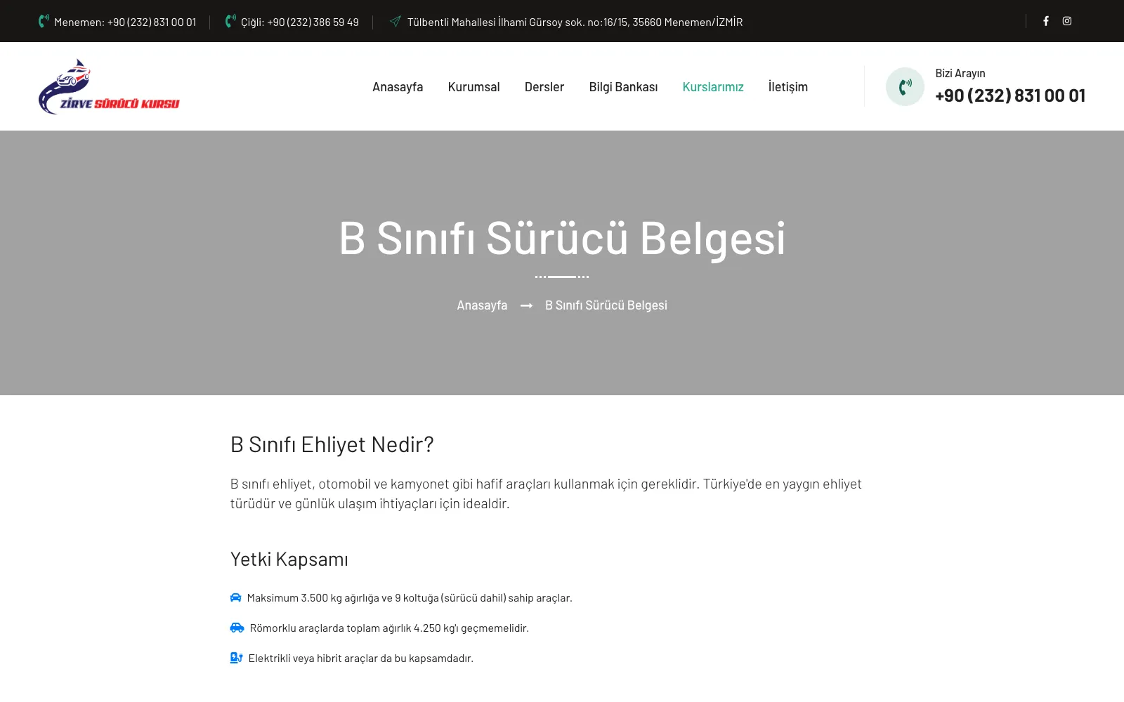 Zirve Sürücü Kursu B sınıfı sürücü belgesi sayfası
