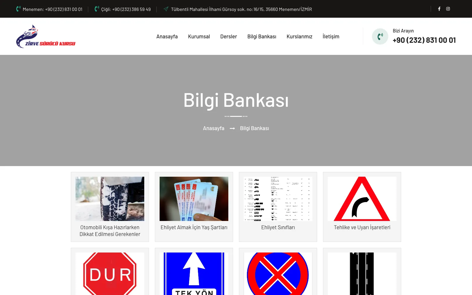Zirve Sürücü Kursu Bilgi Bankası sayfası
