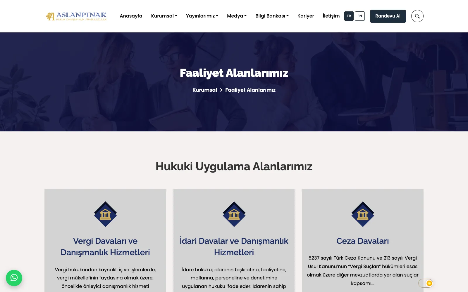 Aslanpınar Hukuk faaliyet alanları sayfası