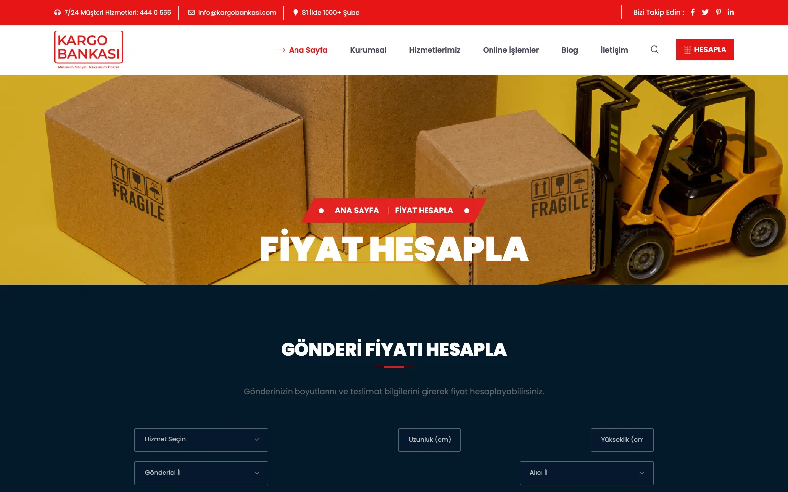 Kargo Bankası gönderi fiyatı hesaplama ekranı