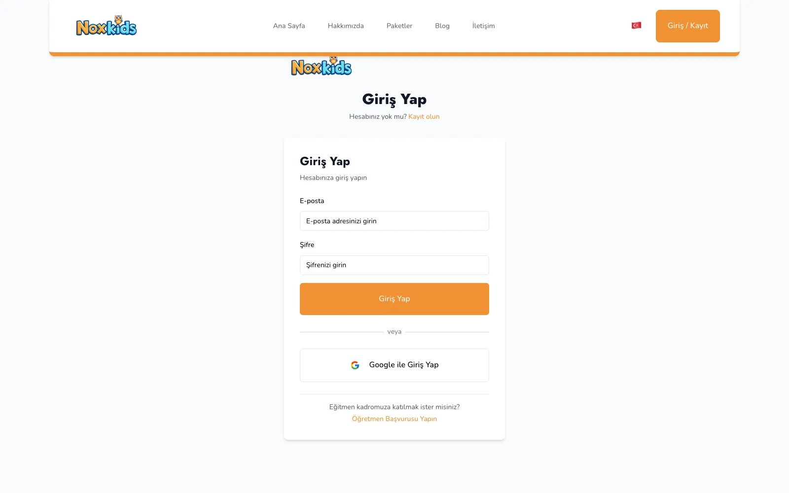 NoxKids giriş ekranı: e-posta ile giriş, Google ile giriş ve öğretmen başvurusu bağlantısı