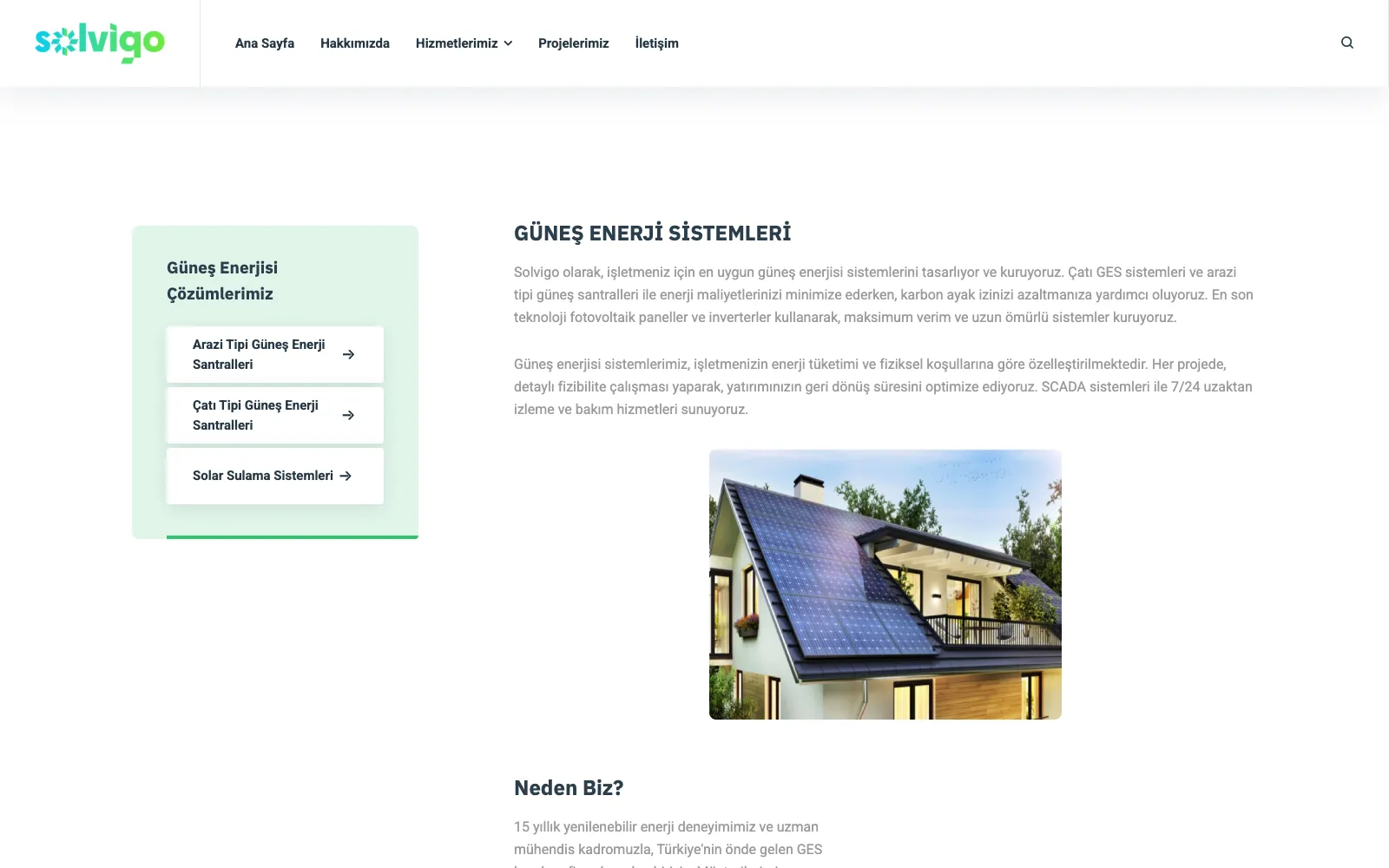 Solvigo Energy Güneş Enerji Sistemleri hizmet sayfası