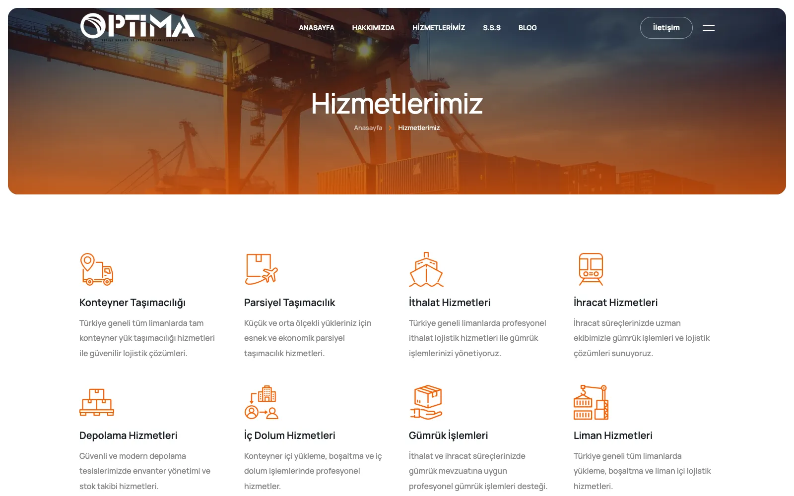 Sekiz hizmet alanını listeleyen Hizmetlerimiz sayfası