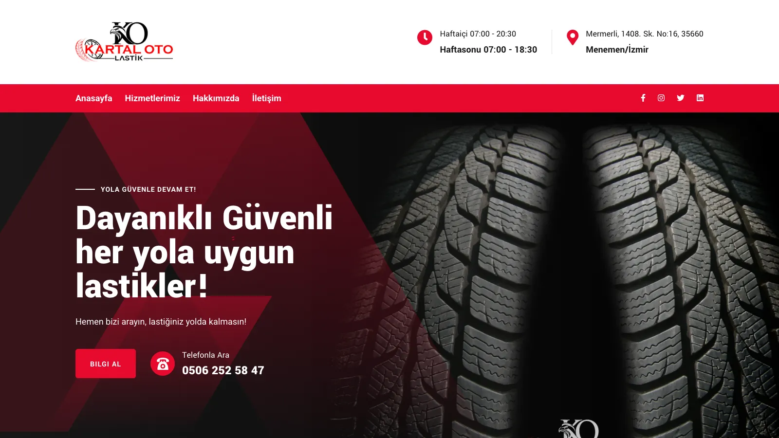 Kartal Oto Lastik web sitesinin lastik görselli ana sayfası