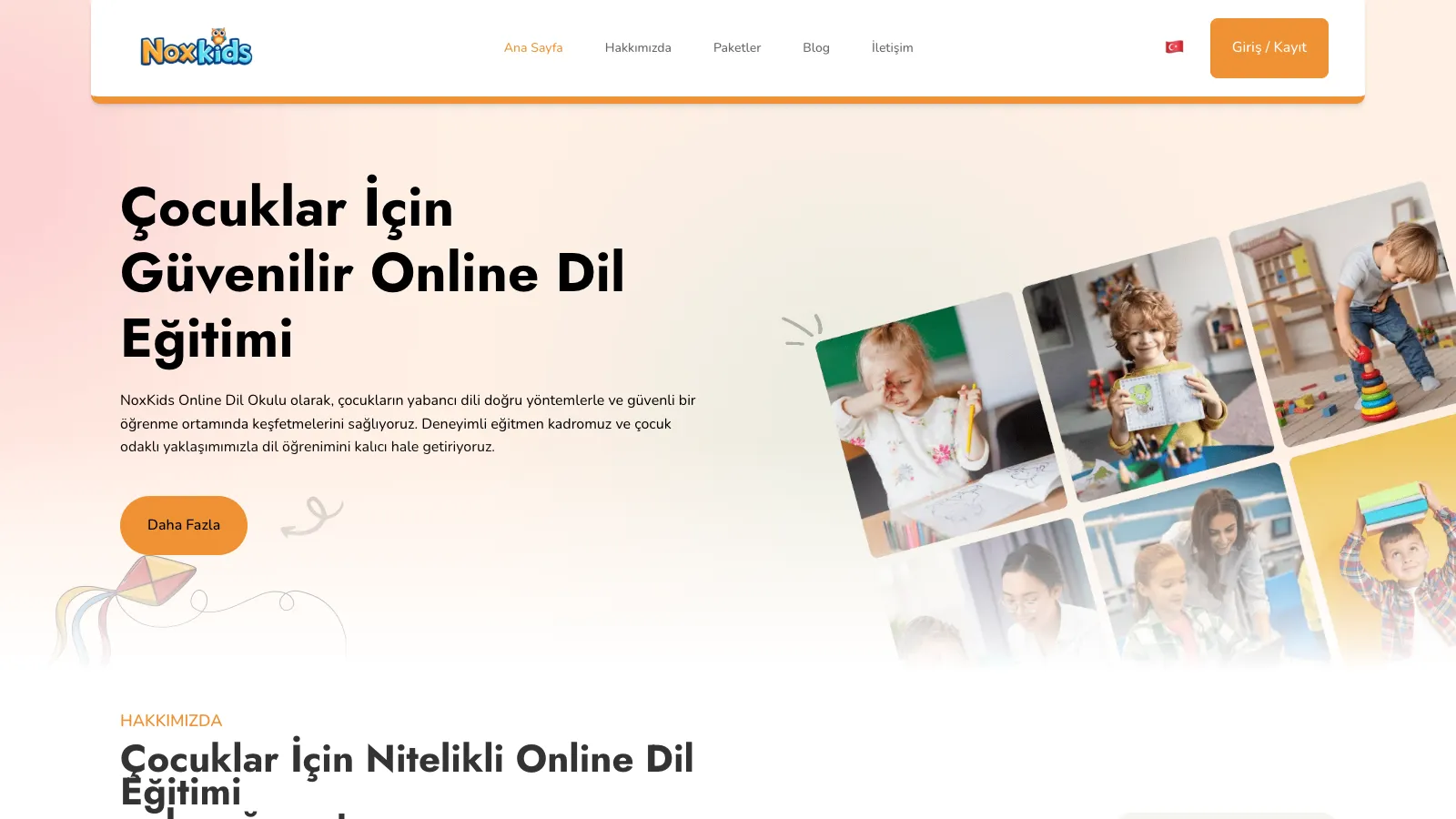 NoxKids platformunun 'Çocuklar İçin Güvenilir Online Dil Eğitimi' başlıklı ana sayfası