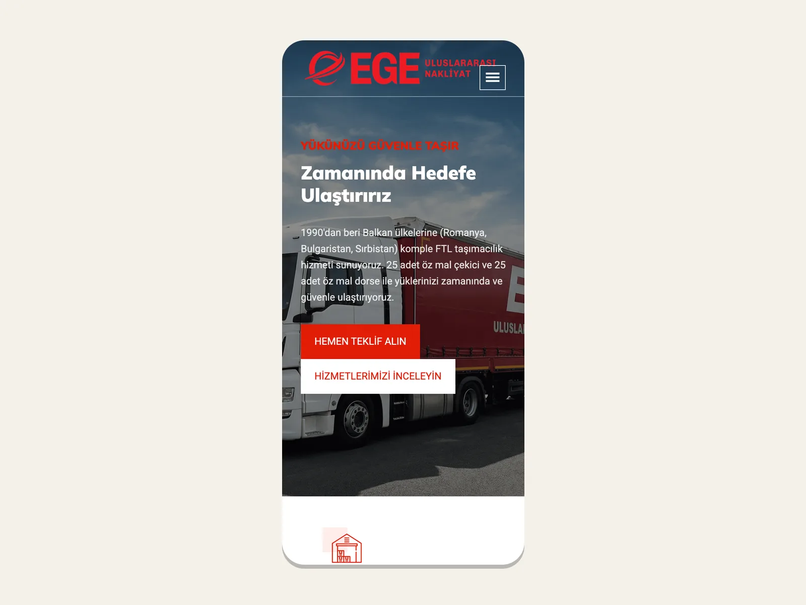 Ege Uluslararası Nakliyat ana sayfasının mobil görünümü