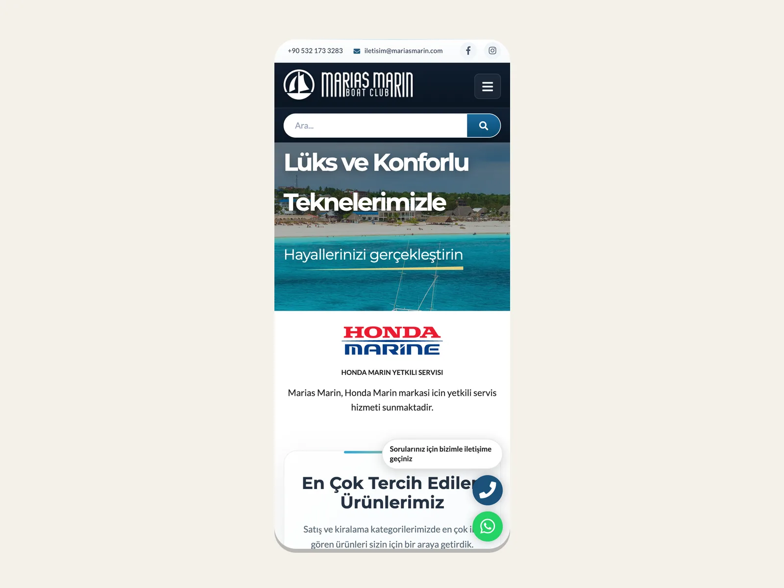 Marias Marin web sitesinin mobil görünümü