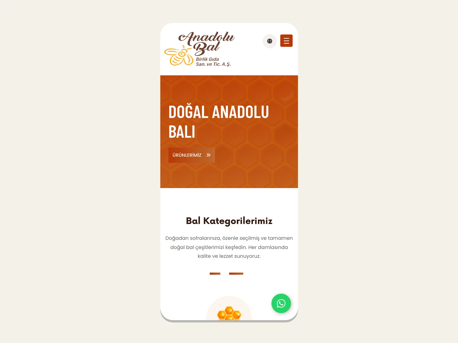 Anadolu Bal Birlik web sitesinin mobil görünümü