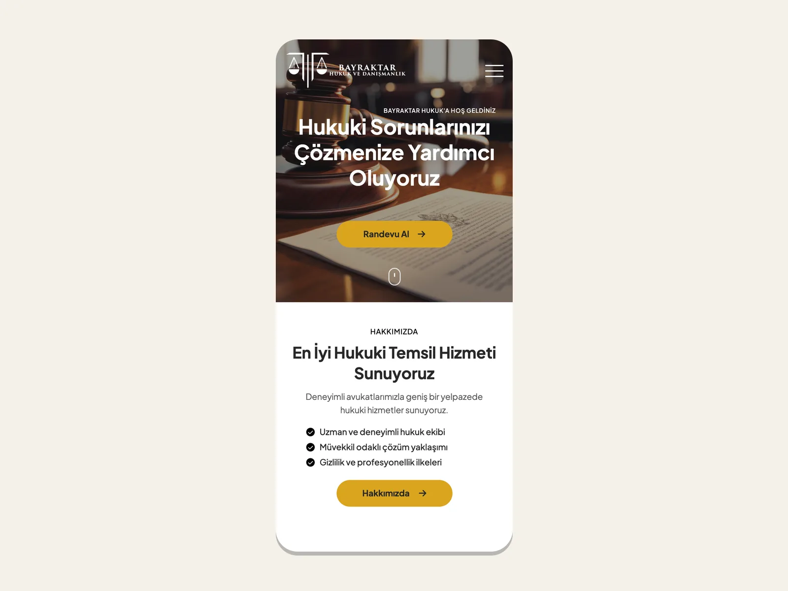 Bayraktar Hukuk web sitesinin mobil görünümü