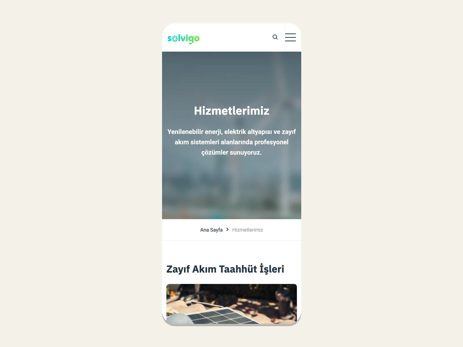 Solvigo Energy web sitesinin mobil görünümü