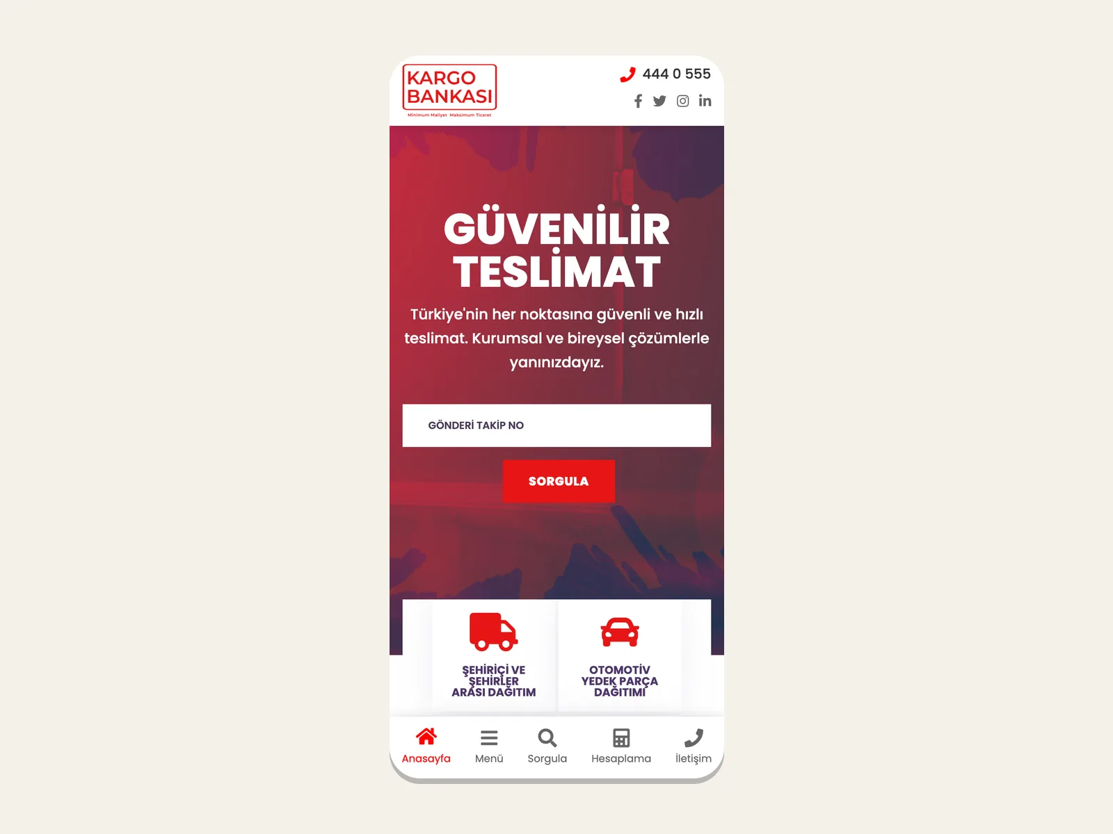 Kargo Bankası web sitesinin mobil görünümü