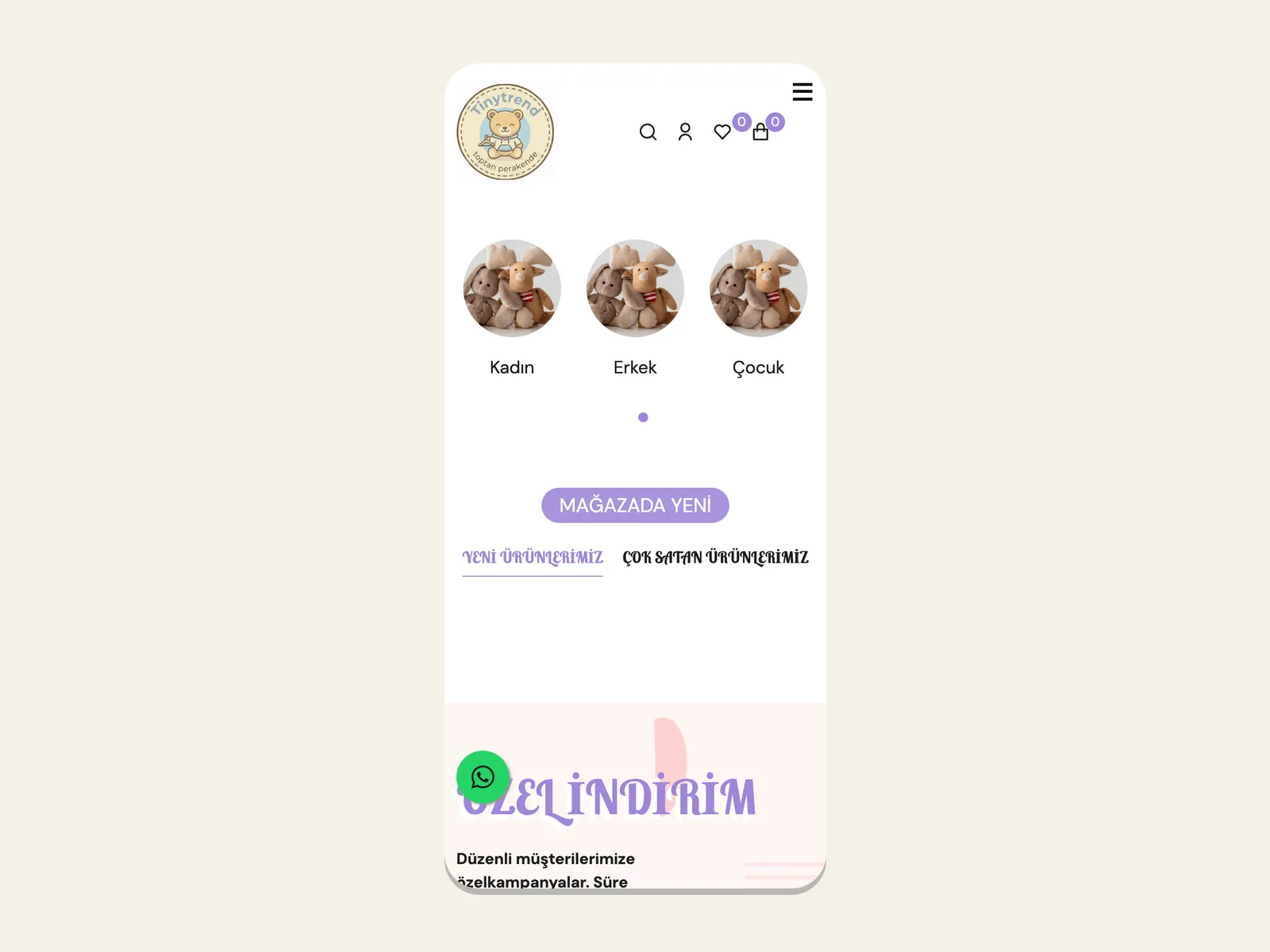 TinyTrend e-ticaret sitesinin mobil görünümü