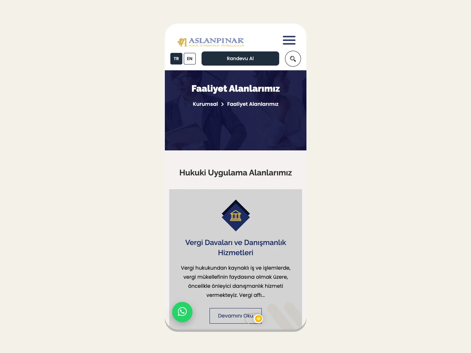 Aslanpınar Hukuk web sitesinin mobil görünümü