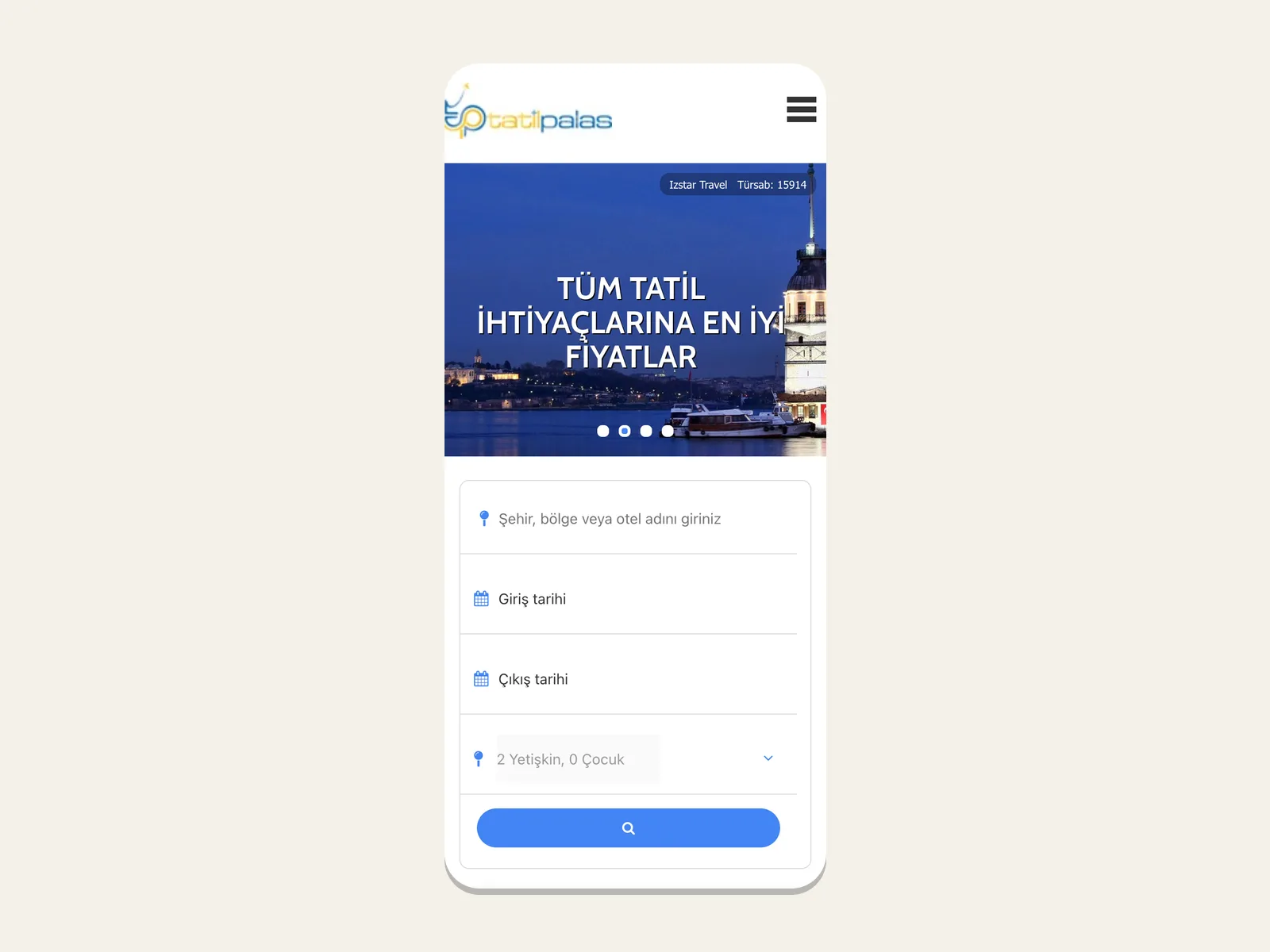 Tatilpalas web sitesinin mobil görünümü