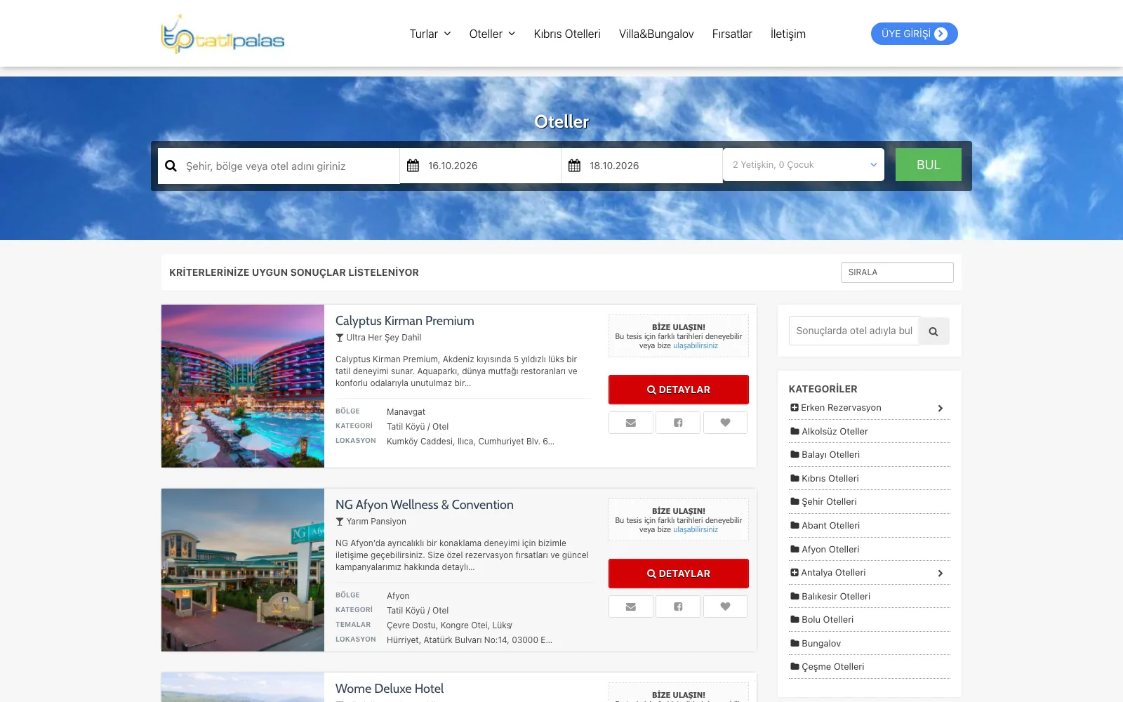 Tatilpalas otel listeleme ve arama sayfası