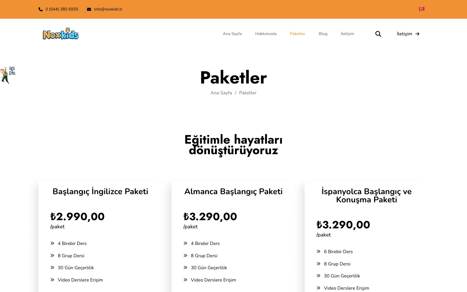NoxKids paketler sayfasında İngilizce, Almanca ve İspanyolca dil paketleri