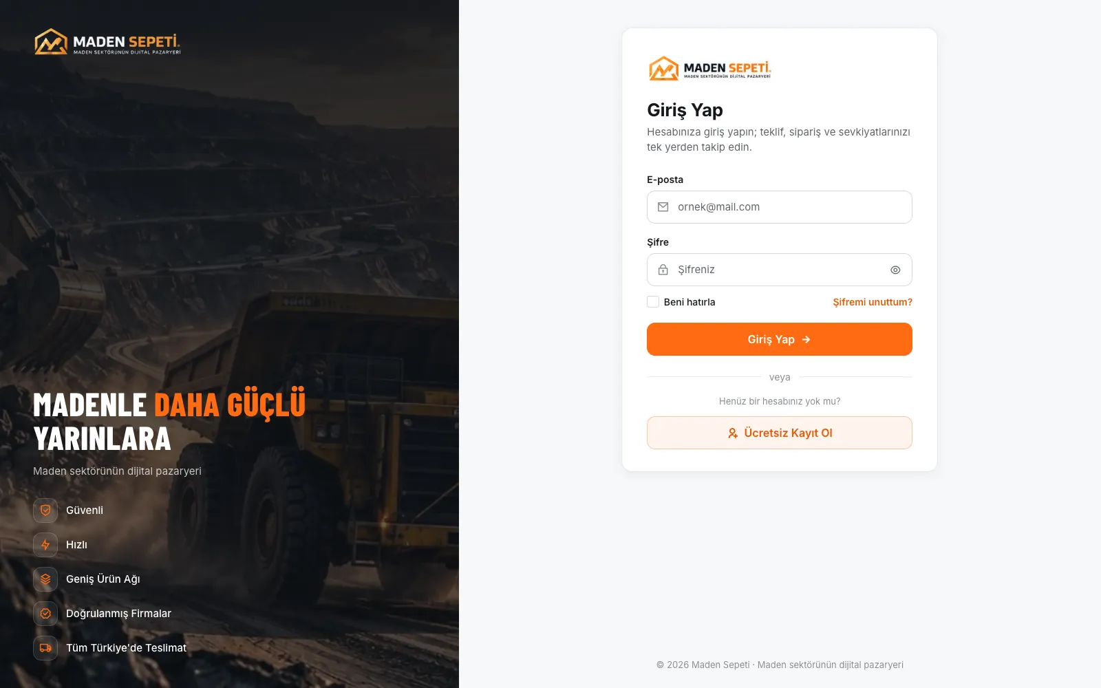 Maden Sepeti platformunun web giriş ekranı