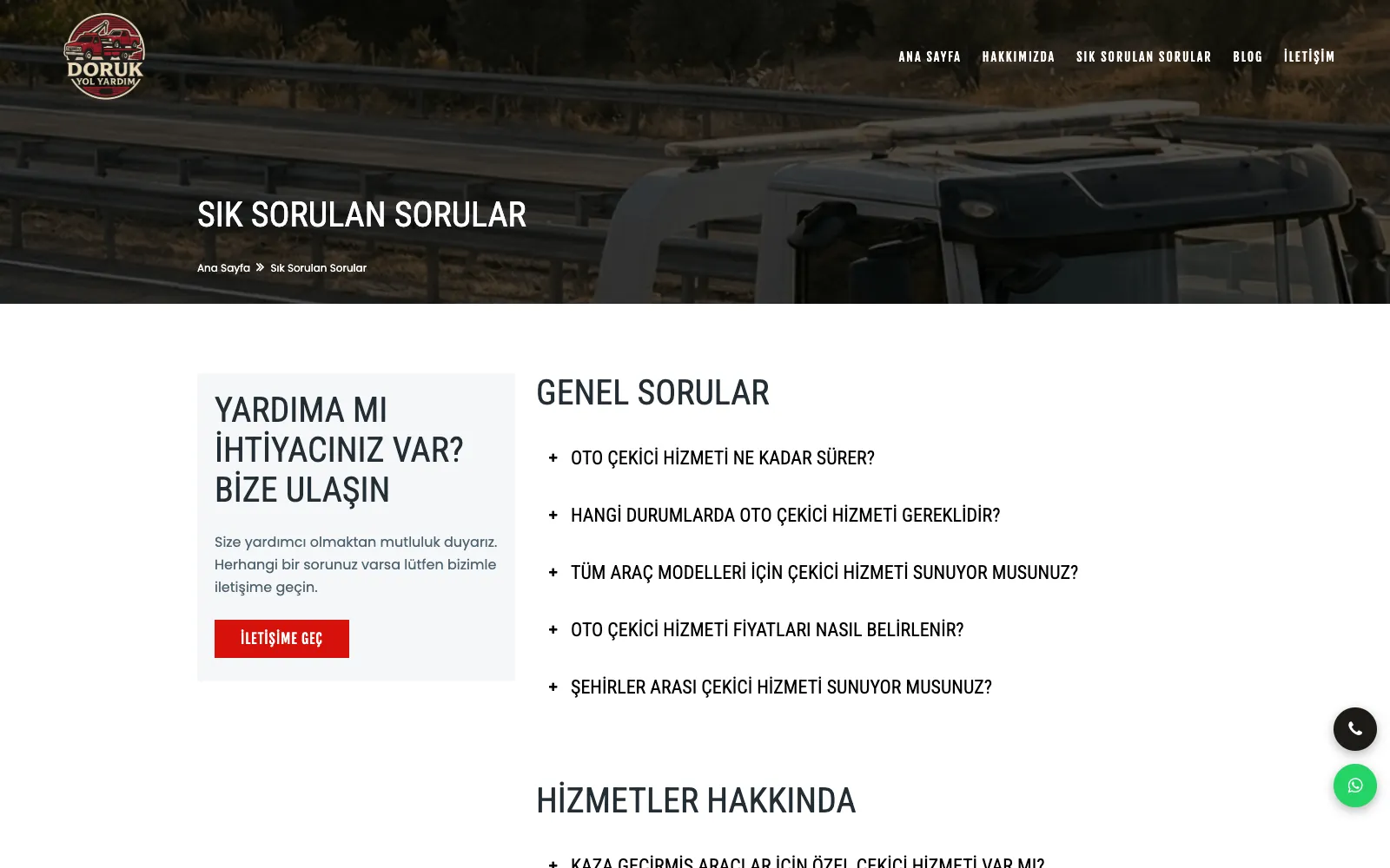Doruk Yol Yardım sık sorulan sorular sayfası