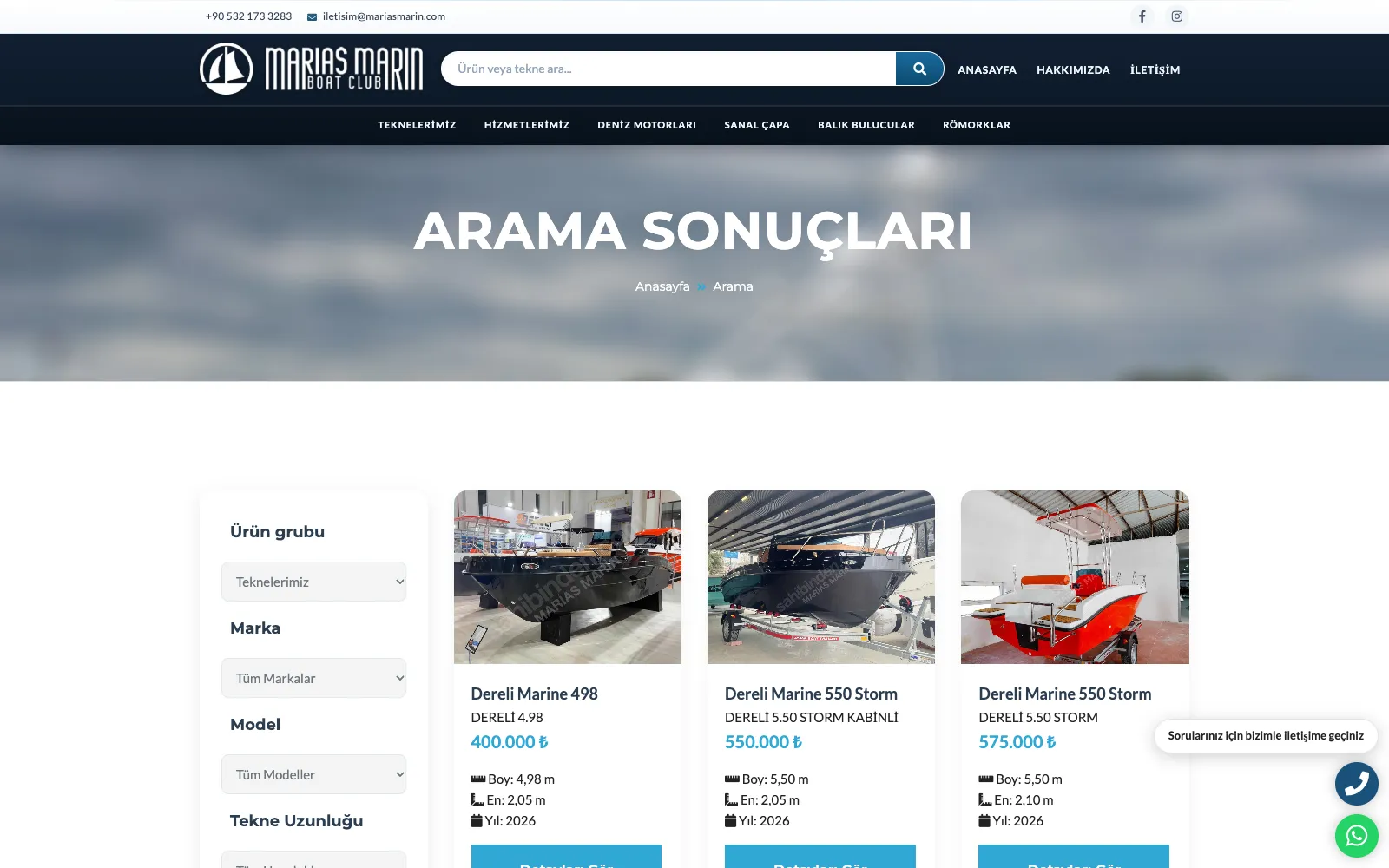 Marias Marin tekne arama sayfasında ürün grubu, marka, model ve uzunluk filtreleri ile tekne kartları