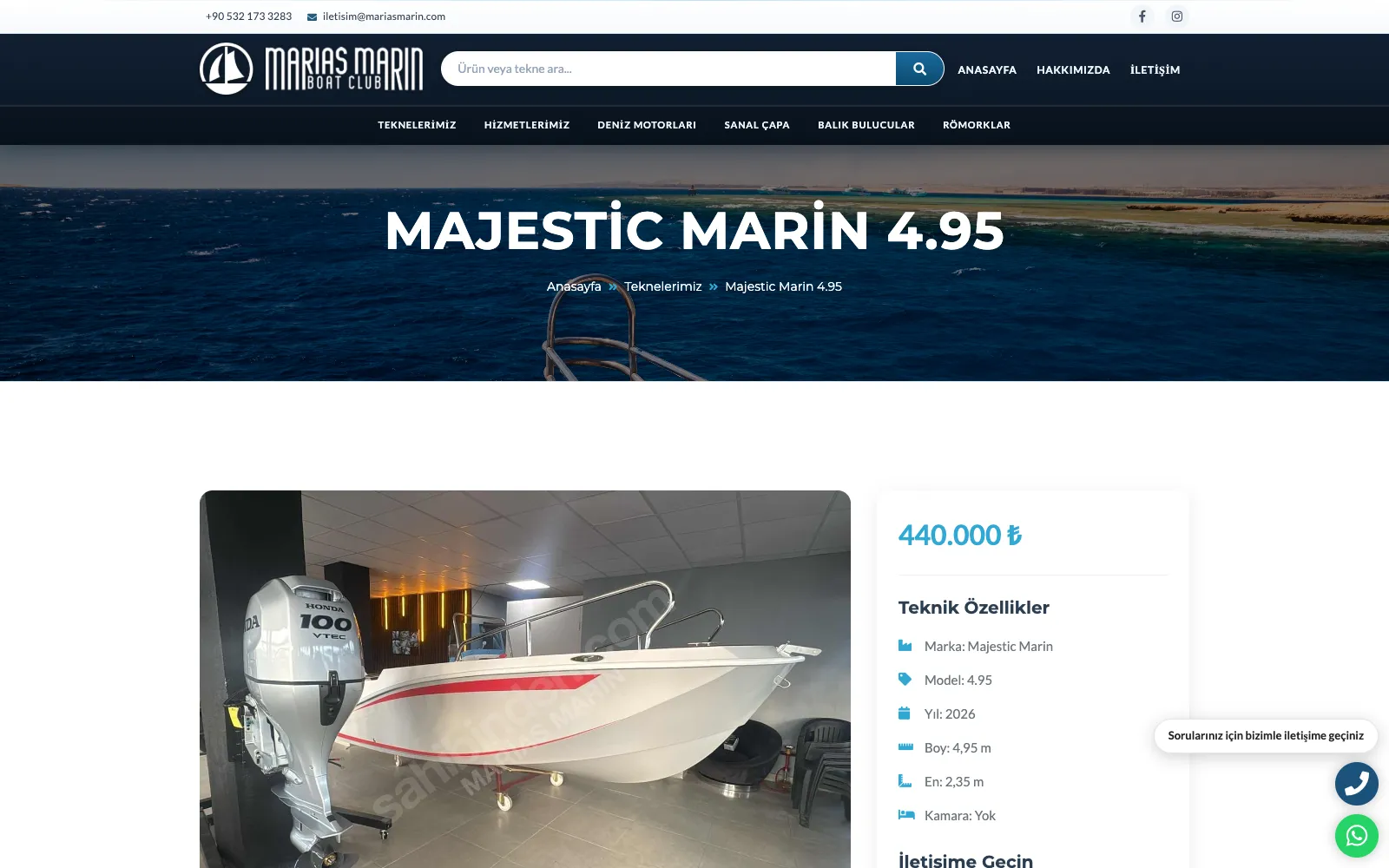 Marias Marin tekne detay sayfasında Majestic Marin 4.95 modelinin teknik özellikleri