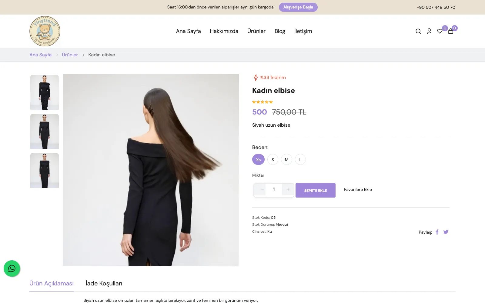 TinyTrend beden seçimli ürün detay sayfası